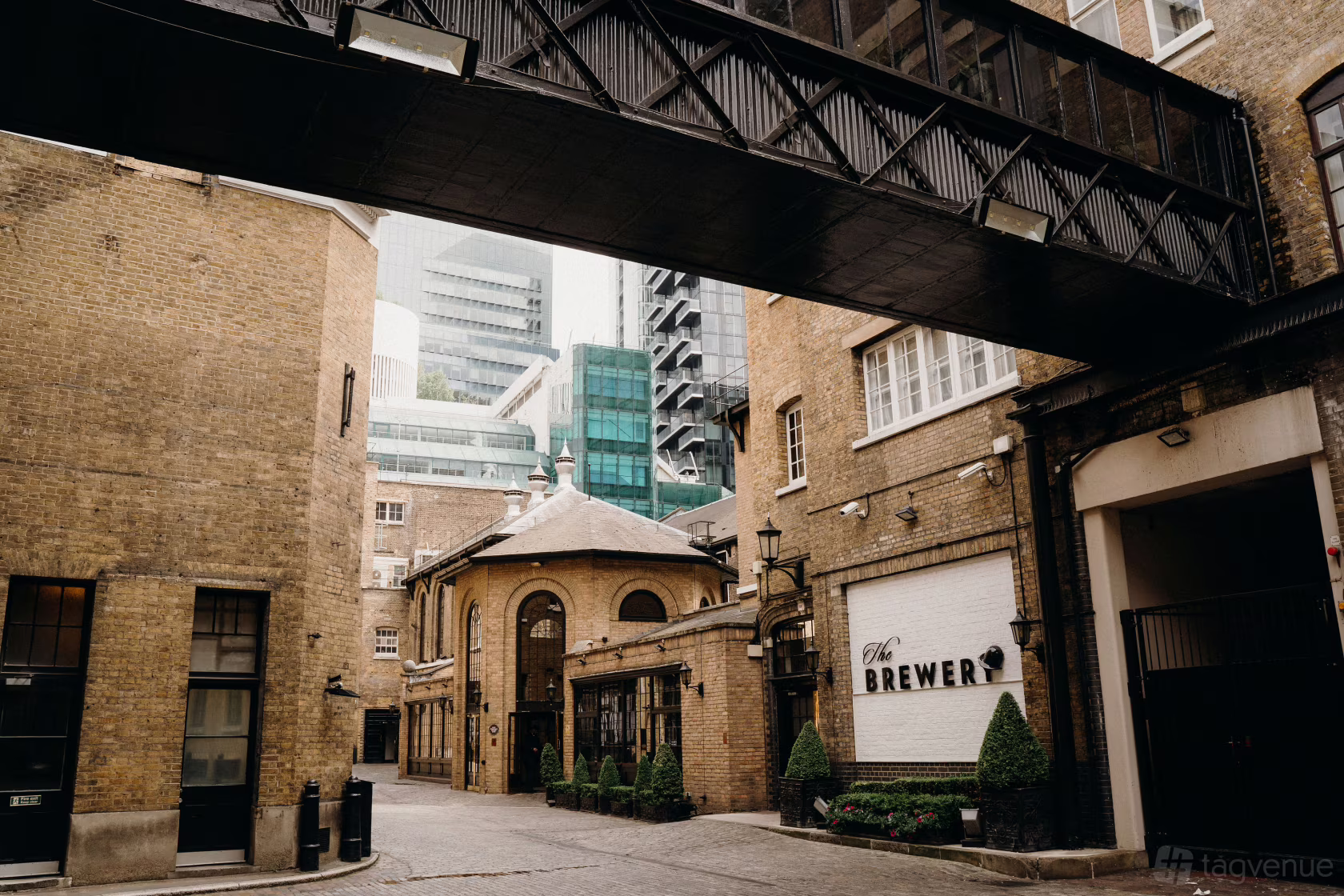 Exterior courtyard of a historic London brewery venue